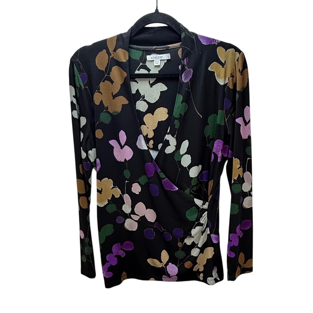 Chico's Faux Wrap Top Size M 1 Stretchy Floral Leaf Print V-Neck Long Sleeve